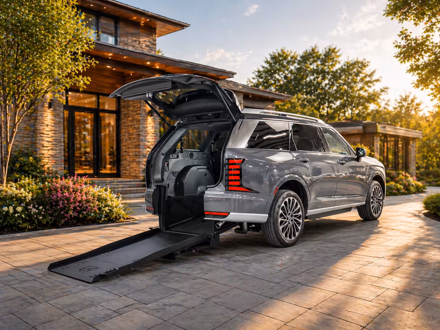Accessible 2026 Hyundai Palisade photo — rear shot 3/4, ramp deployed